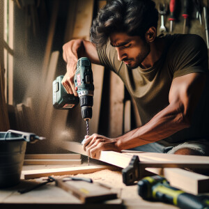 Hombre utilizando un taladro Ryobi One+ HP de 20V en un proyecto...