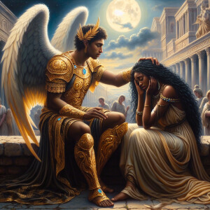 Create an oil painting image featuring a male angel and a grievi...