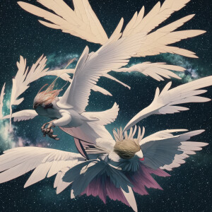 An amazing songbird, flying through space with wings spread out...