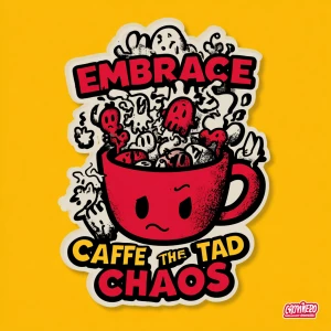 die-cut sticker of hand-drawn coffee cup overflowing with chaoti...