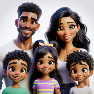 A family of four people posing against a white background