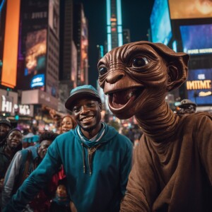 Create an image of a Nigeria man taking a selfie with a life-siz...