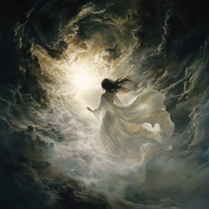 The image depicts a striking figure amidst a dramatic, ethereal...
