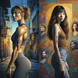 Athletic Thin skinny Attractive, Asian teenage girl, long brown hair and bangs, wearing tight skinny jeans and a halter top paint marks on her clothing, heroic pose Asian graffiti background, backside view