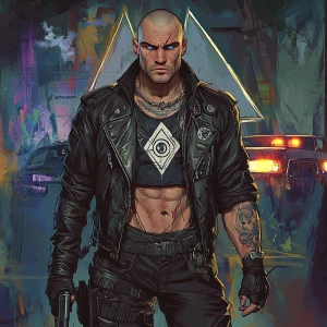 A muscular man with a shaved head, stern, intense expression, an...