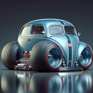 Create a 3D image of a Volkswagen funny car featuring oversized...