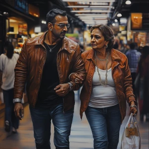 Photorealism,a bodybuilder man ,walking with his 50 years old at...