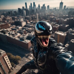 Venom, above a sprawling cityscape, directly engaging with the v...