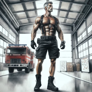 A muscular, gray-haired Caucasian firefighter with a serious, de...
