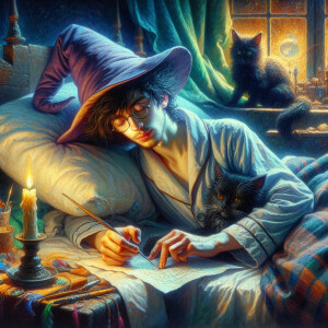 a little wizard with messy black hair and glasses wearing a slee...