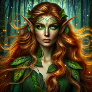 Elf female long orange hairs, green eyes, green clothes