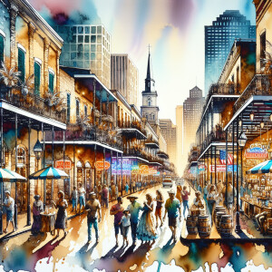 An alcohol ink close-up street level view of Bourbon Street in N...