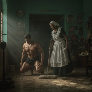 Hyperrealism. A muscular indian man exercising in his house whil...