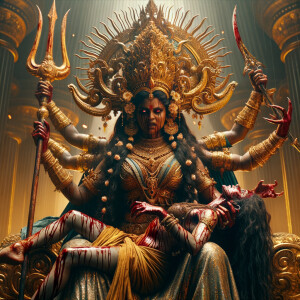 portrait of angry looking tall goddess durga sitting on a gold crown and carrying a weak mahishasur on her lap and stabbing him with her amazingly designed trident. She is wearing gold armor, a huge gold crown, gold saree, abundant  gold jewelry, covered in blood. The scene is set in ancient India. The image is 8K resolution, cinematic, ultra detailed face and epic.