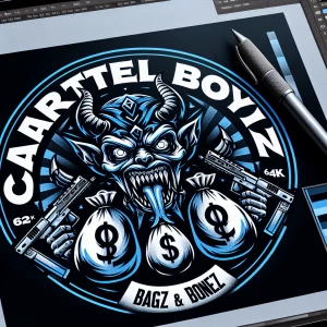 Create a bold logo featuring a menacing creature with sharp feat...