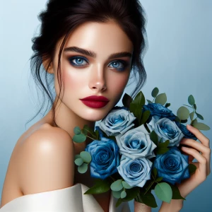 The image is a close-up portrait of a young woman with dark hair...