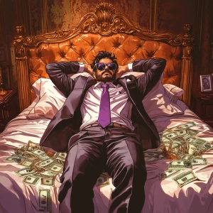 Create an image of a character lying on a luxurious bed in a lav...