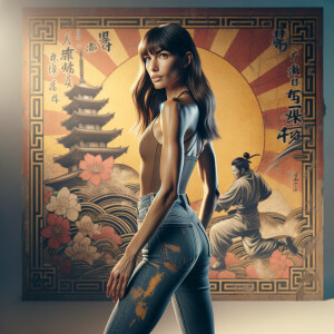 Athletic Thin skinny Attractive, Asian teenage girl, long brown hair and bangs, wearing tight skinny jeans and a halter top paint marks on her clothing, heroic pose Asian graffiti background, backside view