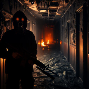 A destroyed hallway from a fire, all black but very eerie. Far a...