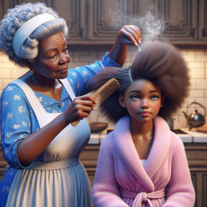 Create a realistic 3-D image of an african-American grandmother wearing a blue house dress and a white apron . She is in the kitchen with her african-American granddaughter. Her granddaughter is wearing a pink bath robe. The grandmother has a hot comb in her hand and she is straightening her granddaughters hair. One side of her granddaughters hair is in  a Afro the other straight 
There is smoke coming from the hot comb
The granddaughter is making a face