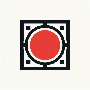 "Create a minimalist logo design featuring a solid red circle ce...