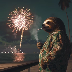Sloths slerf meme..Standing on the beach in beach clothes smokin...