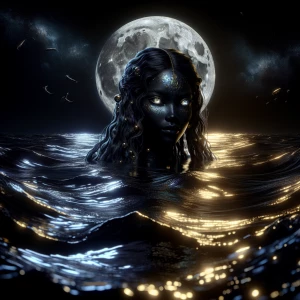 "In the moonlit ocean, Mami Wata emerges, her skin shimmering wi...