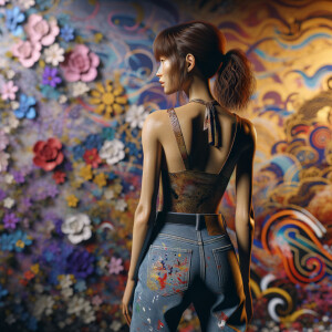 Athletic Thin skinny Attractive, Asian teenage girl, long brown hair and bangs, wearing tight skinny jeans and a halter top paint marks on her clothing, heroic pose Asian graffiti background, backside view