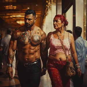 Photorealism,A sweaty tattoed muscular man walking with his 54...