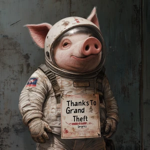 Cute cartoon pig in vintage white spacesuit and NASA style helme...