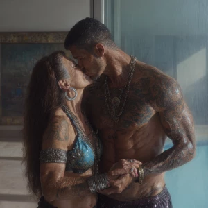 Hyperrealism ,a latin muscular beefy tattoed sweaty man kissin...
