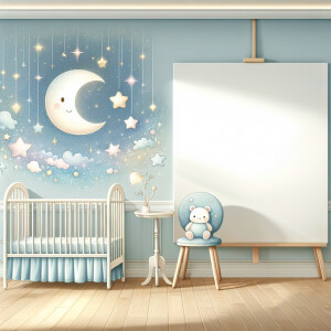 Design a magical nursery room mockup featuring a moon, stars, an...