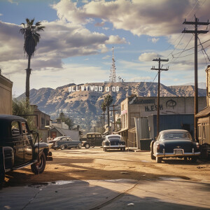 A cinematic scene unfolds on a film set in the 1950s, with the i...