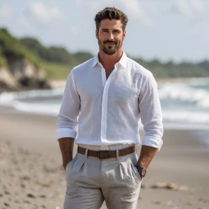 Photography, look to the front, a groom in a white linen shirt a...