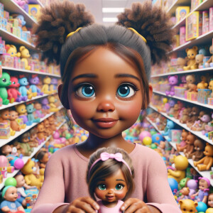 Create a 3-D image of an african-American, little girl inside of a very large toy store. The little girl has thick, ponytails and huge blue eyes. She is playing with her favorite doll, the doll is