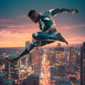 [main subject]

A man in a modern, sleek superhero costume, with...
