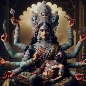 portrait of angry looking, four-armed indian goddess blue skinned sitting on a gold crown and carrying a weak mahishasur on her lap and poking his abdomen with her amazingly long red fingernails . She is wearing diamond armor, a huge diamond crown, black saree, abundant  diamond jewelry, covered in blood. The scene is set in ancient India. The image is 8K resolution, cinematic, photography, ultra detailed face and epic.