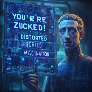 A surreal, hyper-detailed digital illustration of Mark Zuckerber...