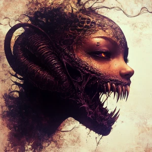 Create an image of an alien girl with a beautiful face contraste...
