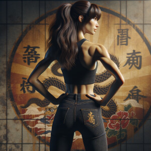 Athletic Thin skinny Attractive, Asian teenage girl, long brown hair and bangs, wearing tight skinny jeans and a halter top paint marks on her clothing, heroic pose Asian graffiti background, backside view