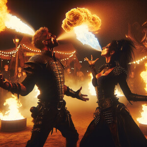 Two fire breathing entertainers in leather, blowing fire towards...