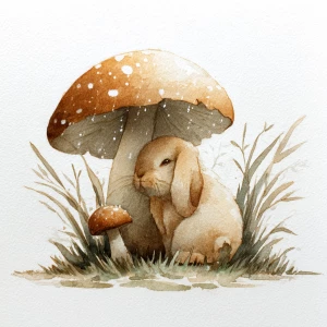 Peaceful fluffy rabbit under cozy mushroom, gentle watercolor, e...