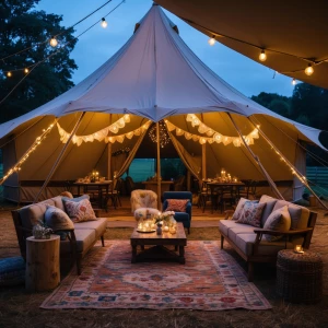 Glamping birthday party with large bell tent decorated boho styl...