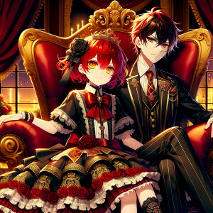 Lilith as a girl with elegant gothic lolita dress sit on the lap of handsome lucifer, the girl has red hair and golden eyes, thrones, blackand red elegant luxury background, Lucifer evil smirk, The girl fierce look, Obsession and Ownership sign