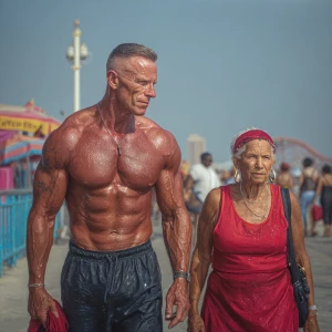 Hyperrealism photo painting .a muscular sweaty man walking  with...