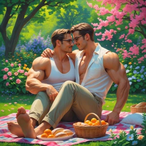The image is a romantic, hyper realistic of two men engaged in a...