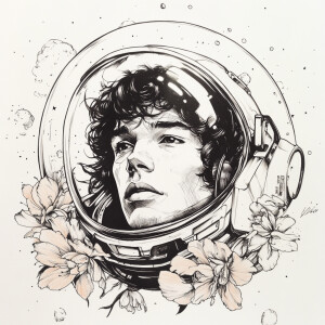 ink style , back and white , pen ,ink bottle , sketch , A young...