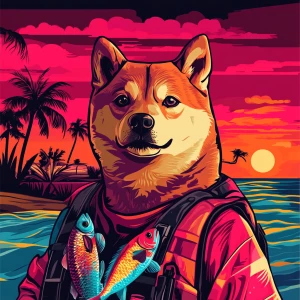 MEME DOGE in GTA art style — With fish — in the style of a Grand...