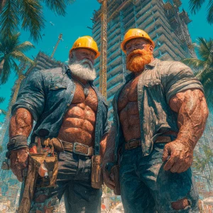 Two muscular bodybuilders standing side by side in a vibrant Haw...