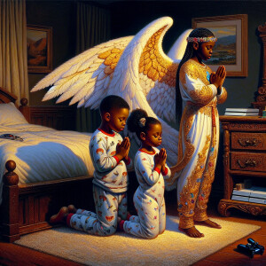 An oil painting of two African-American children with dark skin,...